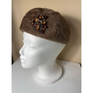 Vintage mystere Brown Fur‎ pill box hat with Amber Crystal Flower pin